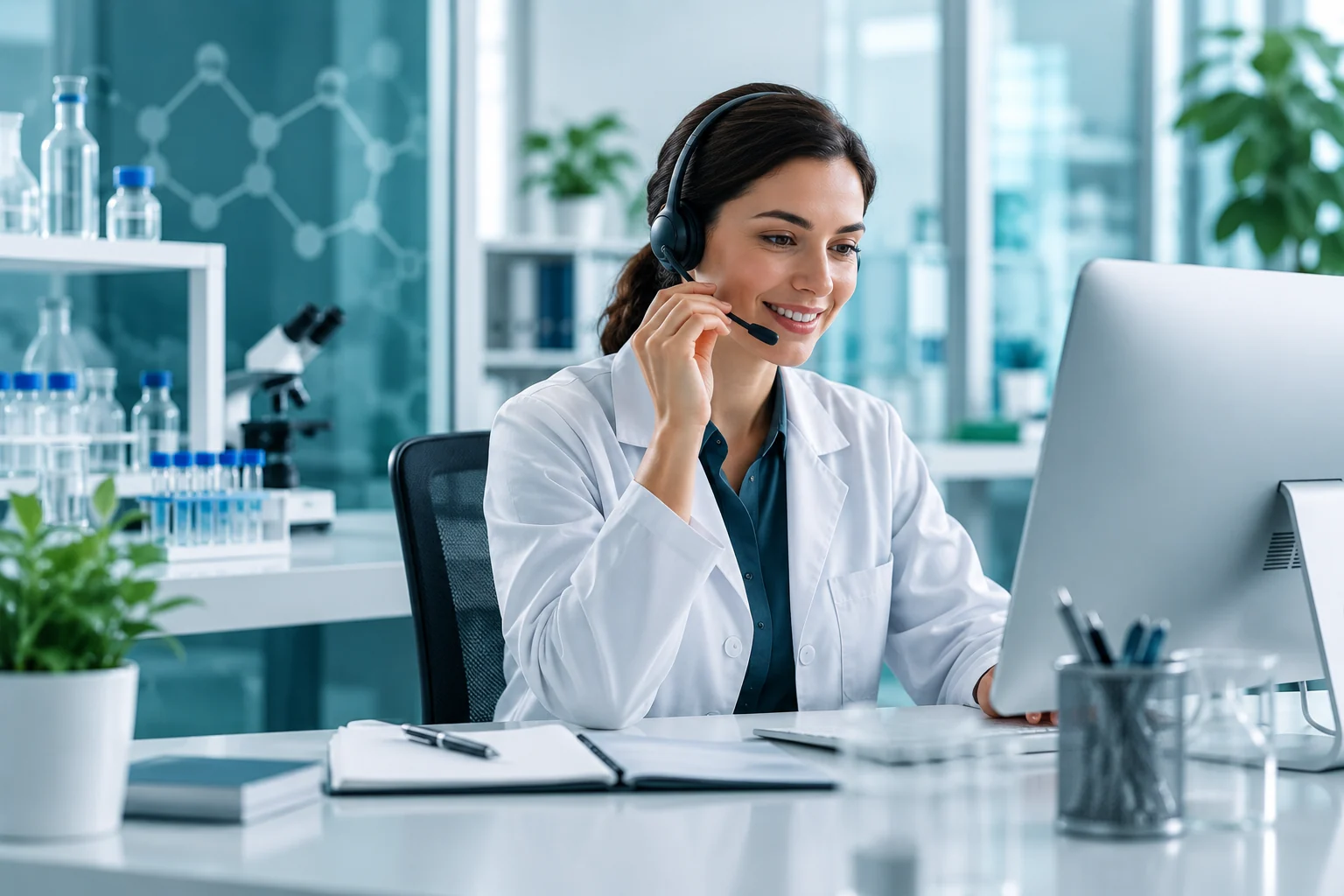 A support specialist in a white coat wearing a headset at a desk in a laboratory office, handling research enquiries